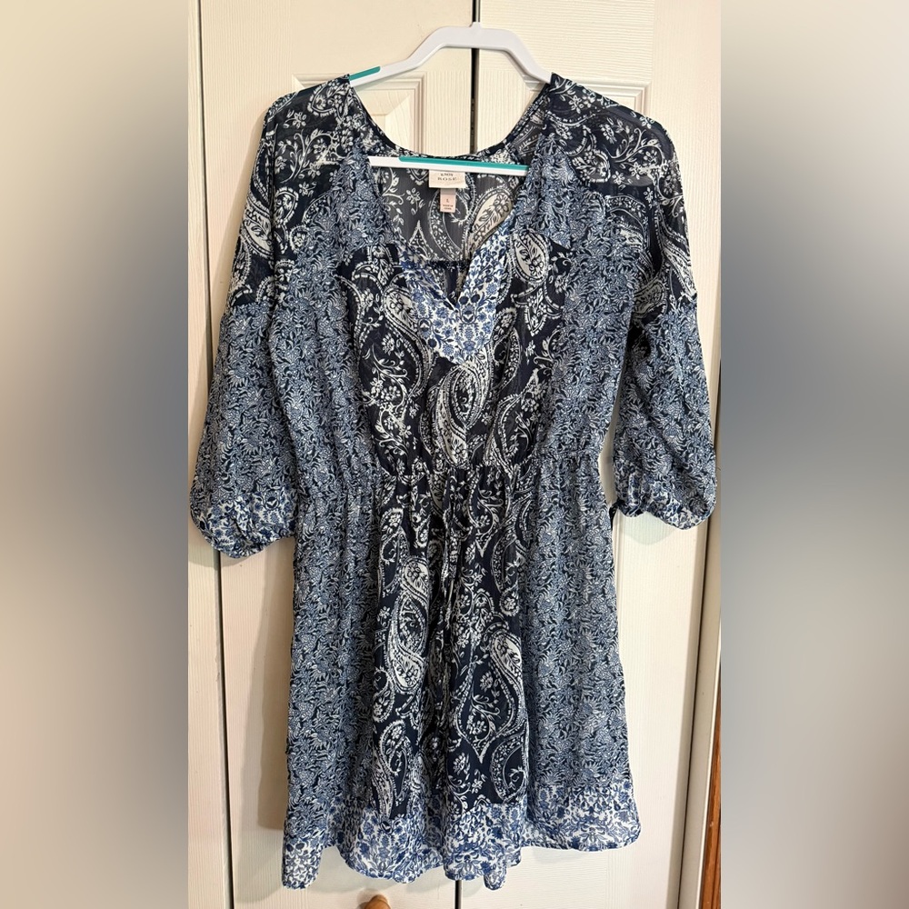 Knox Rose Navy & White Long Sleeve Bathing Suit Coverup Dress- EUC- LG